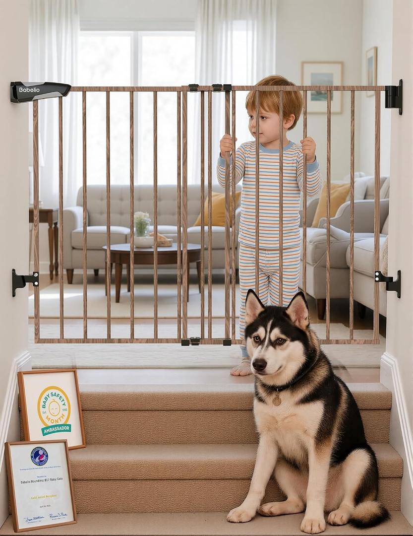 Babelio No Bottom Bar Baby Gate, 28" H x 26-43" W, Brown Wood Pattern