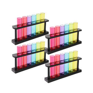 Juvale 6 Pack Plastic Test Tubes with Rack for Parties, Plant Propagation, Shot Glasses Holder for Science Themed Birthday Party, Pouring and Storing Liquids, 6 Colors (1.5 Ounces)
