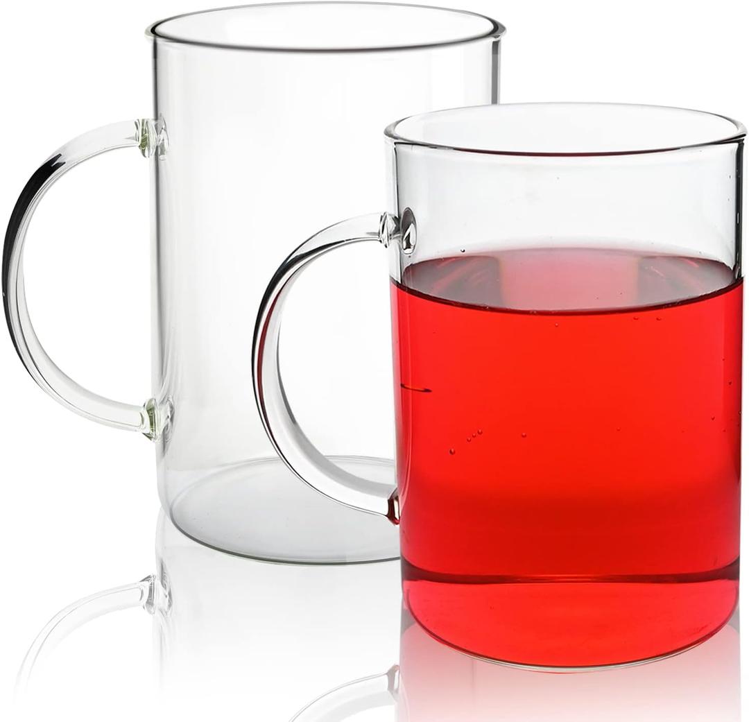Borosilicate Glass Mugs 19 oz Set of 2, Extra Large Clear Glass Cup with Handle for Coffee Tea Beverage, Hot/Cold Drinking Glasses, wide mouth.