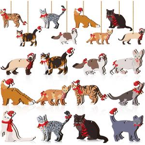 Yalikop 24 Pcs Christmas Wooden Ornaments for Tree Dinosaurs Hanging Ornaments Cute Xmas Holiday Dinosaur Wood Tree Decorations for Christmas Party Favors(Cat)