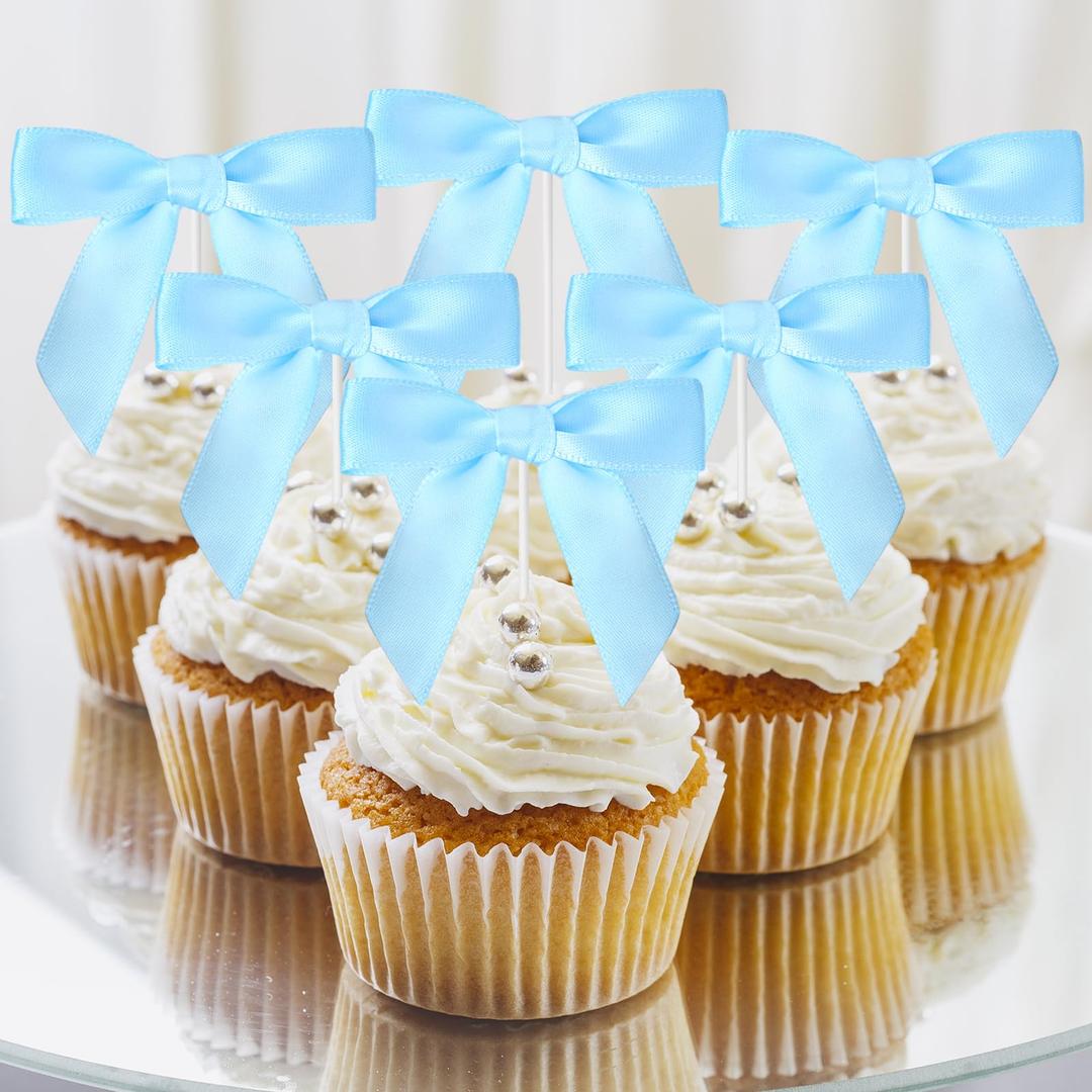 JarThenaAMCS 30Pcs Bow Cupcake Toppers Pre-Tied Blue Satin Ribbon Bow Cupcake Picks Coquette Cake Decorations for Birthday Baby Shower Wedding Party Supplies