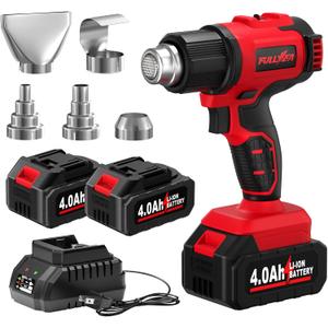 Fullyea Cordless Heat Gun, Max 550C (1022F), Hot Air Gun Kit with 5 Nozzles & 2x4.0Ah Batteries, Fast Heating, 2-Temperature Setting, Portable Heat Gun for Shrink Tubing, PVC Wrap, Crafts (Red)
