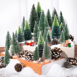 Set of 35PCS Mini Christmas Tree, Christmas Pine Cones, 2oz Fake Snow Powder, Mixed Christmas Decoration, Xmas Village Displays Winter DIY Crafts (Two-Tone Green)