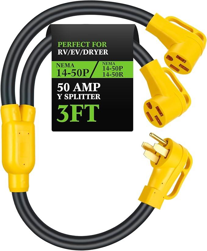Kanayu 50Amp 1450 Y Splitter Adapter Cord ETL Listed 1450P Male to 2X 1450R Female 4 Prong 250V Splitter for RV and EV Heavy Duty 6/3+8/1 STW AWG RV Generator Outdoor Extension Cord, 3 Ft