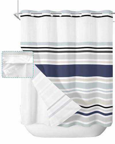 BOSIJOY No Hook Shower Curtain with Snap in Liner Set,Abstract Geometric Stripes Waterproof Fabric Shower Curtains Simple Modern Minimalist Art Double Layer Bath Curtain for Bathroom,72Wx72H