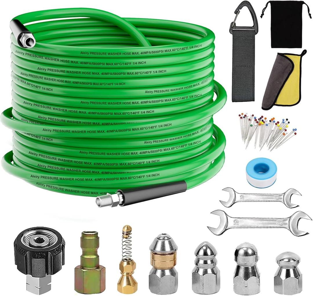 Sewer Jetter Kit for Pressure Washer,Water Jet Drain Cleaning Hose with Corner Rotating Button Spring Nose 1/4" NPT Sewer Cleaning Tool High-Pressure Nozzles,5800 PSI 50 FT (Green)