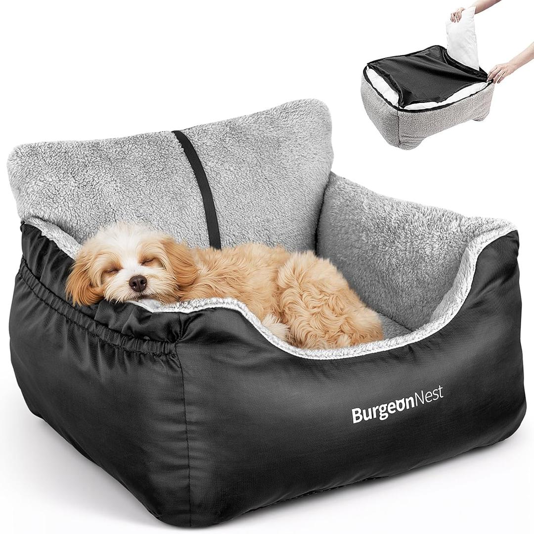 BurgeonNest Dog Car Seat for Small Dogs, Soft Pet Car Travel Home Bed Under 25 lbs, Fully Detachable and Washable Cat Booster Carseats with Storage Pockets and Clip-On Leash Portable Carrier,Black S
