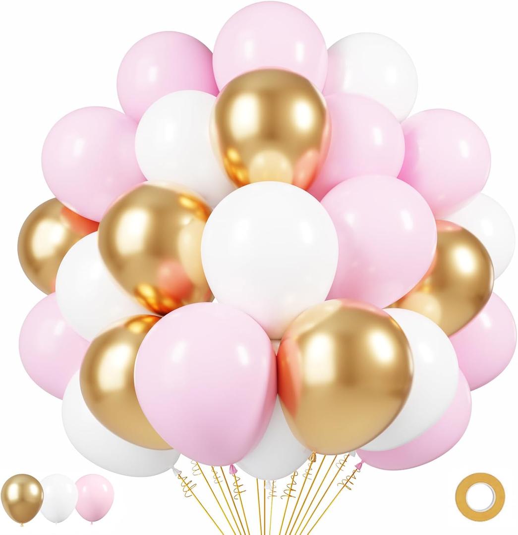 Pink Gold White Latex Balloons, 50 Pack 12 Inches Party Balloons Helium Balloons for Girl Baby Shower Birthday Bridal Shower Wedding Party Decorations Supplies
