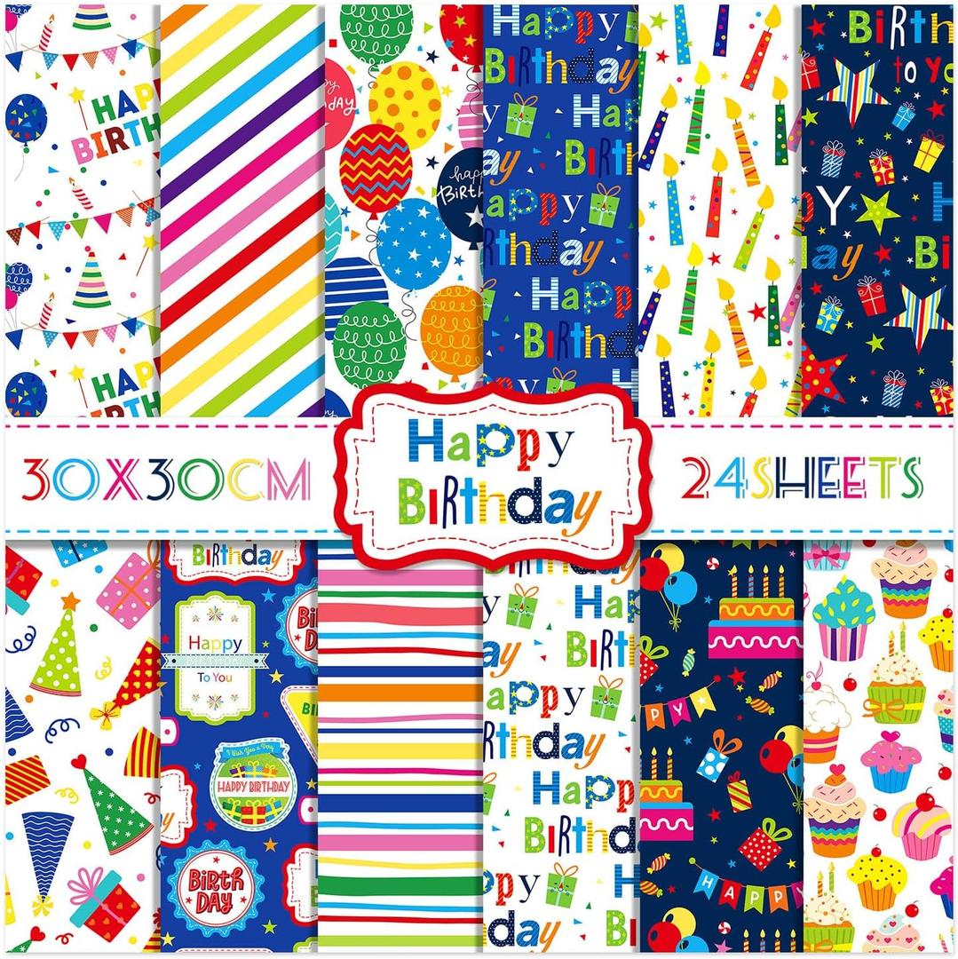 24 Sheets Happy Birthday Scrapbook Paper Pad,160gsm Textured Double-Sided Pattern Planner Junk Journal Craft Paper,Card Making Supplies,3030cm