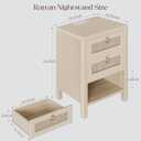 Rattan Night Stand with Drawers - Boho Nightstand with Charging Station, Bedside Table with Storage Shelf, Accent Side Table End Tables Living Room, Wood Nightstands for Bedroom, White Oak, 15.75"D x 18.11"W x 25.2"H