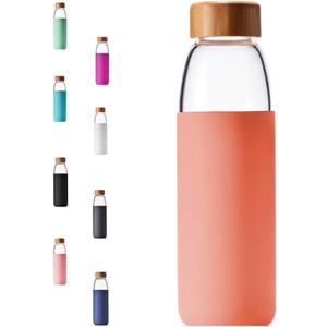 veegoal 25 Oz Borosilicate Glass Water Bottles with Bamboo Lid, BPA-FREE, Non-Slip Silicone Sleeve, and Stainless Steel Leak Proof Lid - Reusable Glass Bottle for Men and Women (Dahlia)