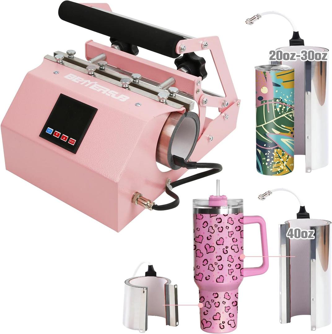 BetterSub 3in1 40 OZ Tumbler Mug Heat Press Machine 30 OZ 20 OZ 16 OZ Sublimation Straight Skinny Tumbler Mug,11 OZ 15 OZ 16 OZ Sublimation Mug Heat Transfer Pink