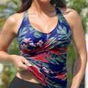 Fanuerg Tankini Top Only Twist Front Bathing Suit Tops for Women Tummy Control Tank Tops V Neck Swimsuit Top No Bottom Retro Floral XXL (Blue, XXL)