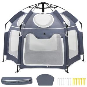 Baby Playpen with UV Canopy, Portable 1-Click Set Up Baby Tent, Toddler Play Yard for Indoor, Outdoor, Foldable Playpen for Beach, Camping, Home, Lightweight Versatile Kids Tent, with Travel Bag (Gray)