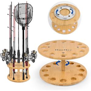 Fishing Rod Holders for Garage 360 Degree Rotating Fishing Pole Rack, Floor Stand Holds up to 12 Rods Bamboo Wood Fishing Gear Equipment Storage Organizer, Fishing Gifts for Men