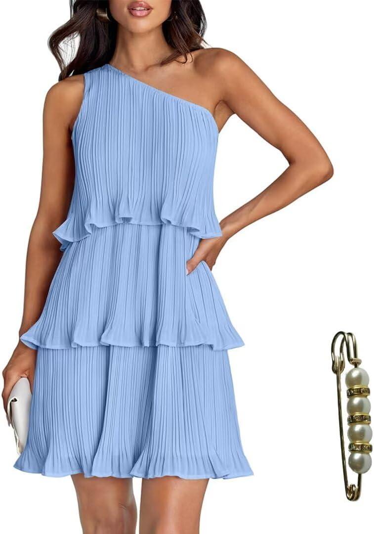 One Shoulder Mini Dress Women Tiered Ruffle Summer Sundress | One shoulder mini dress with full lining pleated fabric tiered ruffles and a flowy A-line fit for summer (Blue, S)