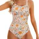 Modest One Piece Swimsuit Women Tummy Control 2026 Long Torso Slimming Bathing Suit Cute Floral Swim Suits (Beige, L)