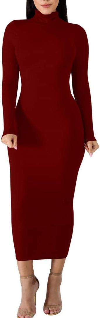 BORIFLORS Women's Sexy Basic Long Sleeve Turtleneck Bodycon Party Long Pencil Dress, Small, Wine Red