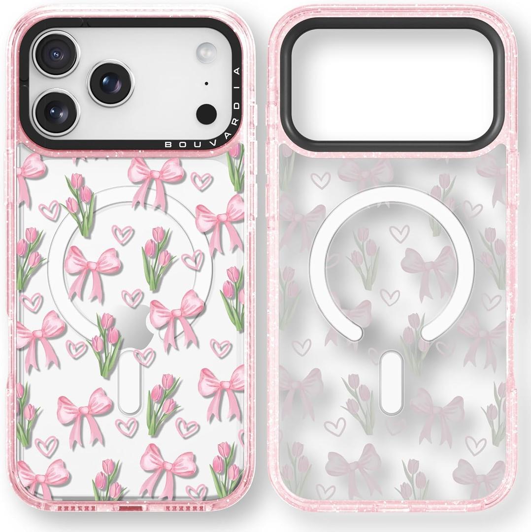 Bouvardia for iPhone 17 Pro Case, Compatible with Magsafe, Cute Girly Design for Women, Shockproof & Aesthetic, Bows & Flowers - Tulips