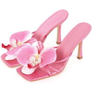 Richealnana Women's Clear Square Toe Sandals Stiletto Heel Slip On Mules Shoes (7, Pink-flower)