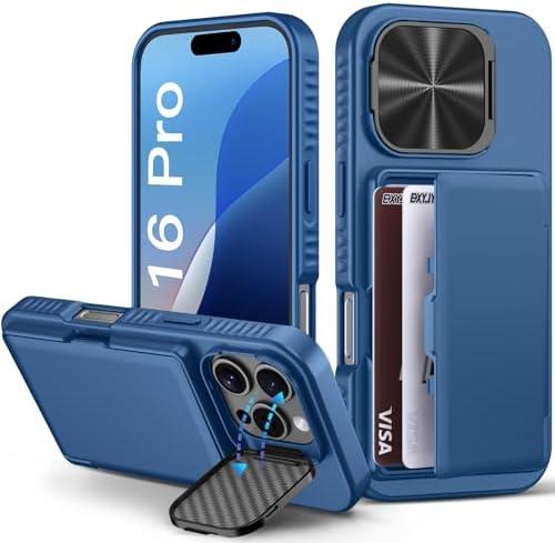 BXYJY for iPhone 16 Pro Case with Card Holder (4-5 Cards), Camera Cover Stand, Military Grade Protection, Shockproof Heavy Duty Rugged Silicone Men Women Wallet Phone Case for iPhone 16 Pro, Blue