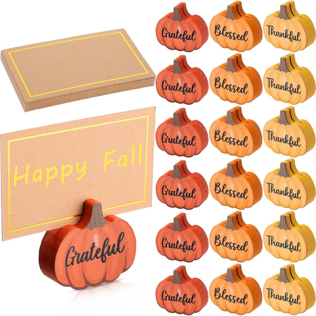 Tradder 18 Pcs Thanksgiving Pumpkin Place Card Holders with Gold Foil Harvest Fall Mini Pumpkin Name Card Photo Picture Stand Holder for Decorations Wedding(Yellow, Orange, Light Orange)