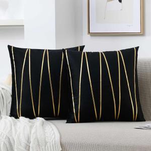 WACOMECO Soft Throw Pillow Covers - Pack of 2 Velvet Decorative Cushion Covers Cases for Sofa Bedroom Livingroom Car, 18" x 18", Black and Gold