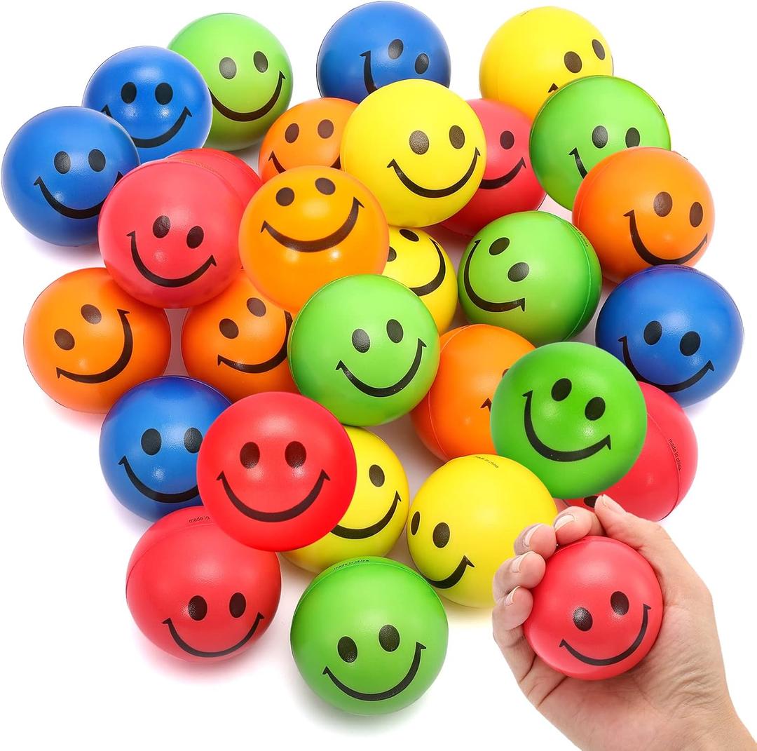 24 Pack Stress Balls Bulk,2.5 Inch Face Squeeze Balls,Smile Face Stress Balls,Party Favor Soft Balls,Stress Relief Balls for Finger Exercise School Carnival Reward,Assorted Colors Random