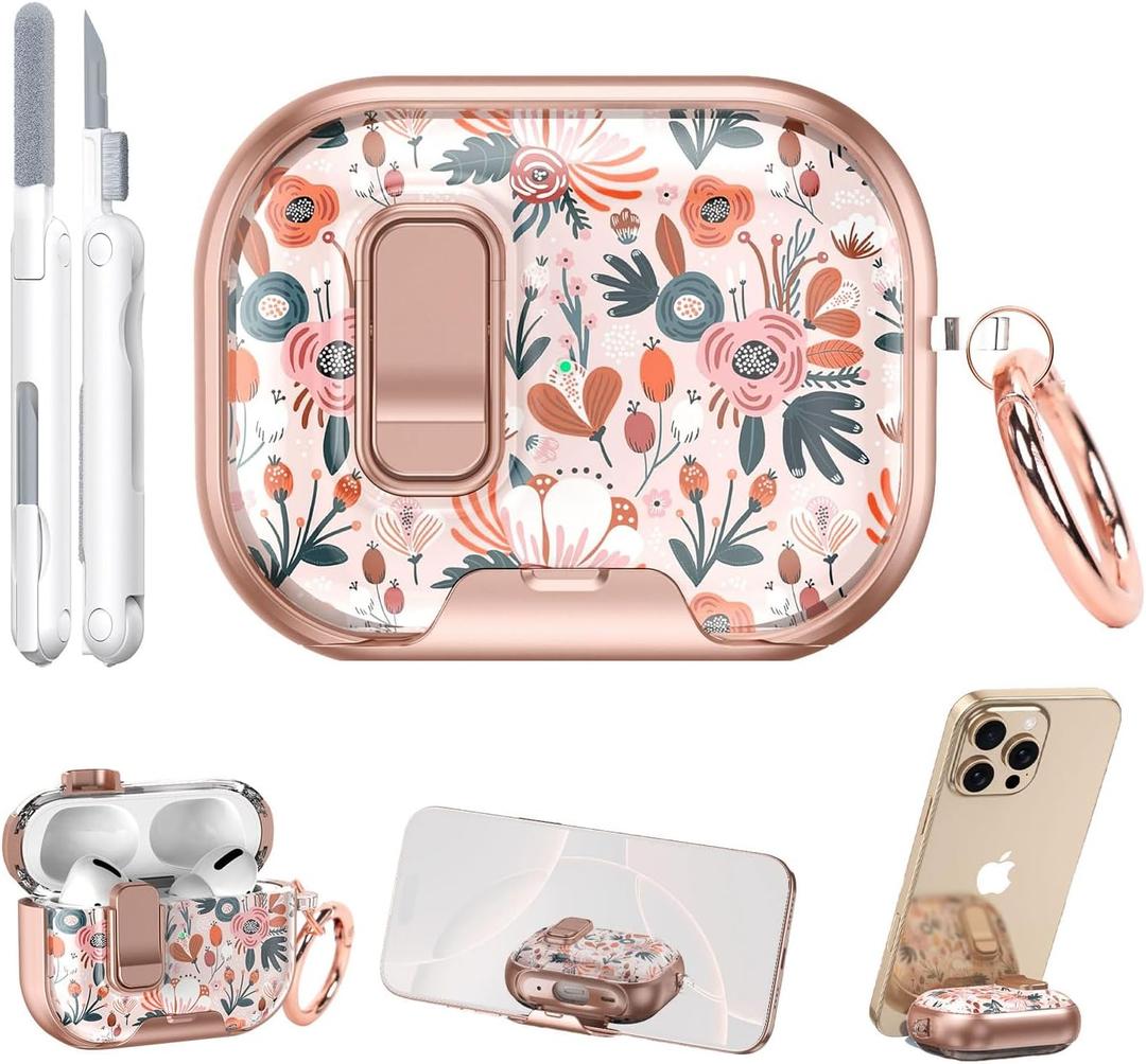 for AirPods Pro 3 Case 2025 3rd Generation with Cleaner Kit,Boho Flower Protective Cover with Lock/Stand Compatible with Apple New Air Podspro3,Cute Rose Gold Headphone Case with Keychain Accessories