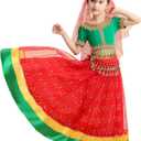 Belly Dance Dress Girls Indian Bollywood Halloween Costume Chiffon Skirts Shiny Belly Dance Suits 4-Piece Outfit (11-13 Years, A-green + Red)