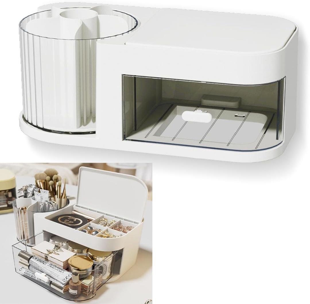 Desk Organizer - 360 Degree Rotating Desk Pencil Holder, desk organizer with 6 compartments and drawers, Art Supplies Organizer for Home (White, Expanded Makeup Organizer)