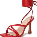 Mostrin Women's Sandals Strappy Heels for Women Lace Up Square Open Toe Heels Tie Up High Heeled Sandals for Prom, Party, Daily Wear (9.5, Red)