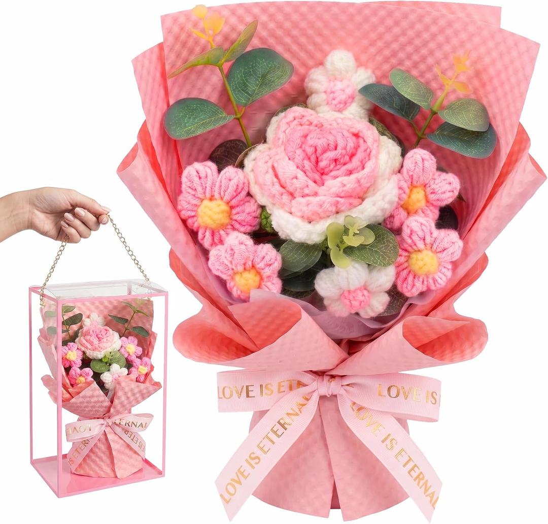 Crochet Flower Bouquet, Artificial Flowers Gifts for Women, Knitted Floral Rose, Mothers Day Anniversary Birthday Gift for Her Wife Lover Friends, Forever Handmade Crochet Flowers Bouquet (Pink)