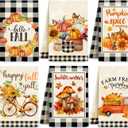 Ganeen 6 Pcs Hello Fall Thanksgiving Hand Towels Set Black and White Checkered Kitchen Dish Towels Vintage Pumpkin Truck Biker Farmhouse Buffalo Plaid Tea Decorations for Home Kitchen Cooking (Adorable)