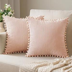 ANRODUO Pack of 2 Light Pink Fall Boho Decorative Pillow Covers with Pom-poms Pillow Covers 18x18 Corduroy Cushion Case Cute and Soft Square Throw Pillows for Bed Couch Sofa Living Room Decor Home