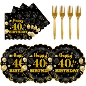 75 PCS 40th Birthday Party Supplies Paper Plates and Napkins,Black and Gold 40th Birthday Plates Napkins Tableware Set for Boys Girls Tableware Set Decorations