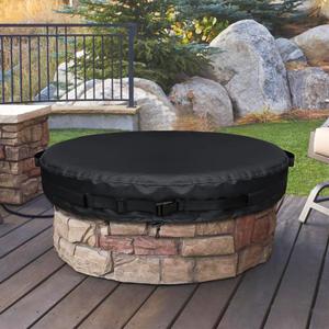 Outdoor Fire Pit Cover Round for In-Ground Fire Pits 60-64 Inch, 600D Waterproof Weather-Resistant Polyester Cover for Built-in Stone Fire Pits All-Season Protection, Black