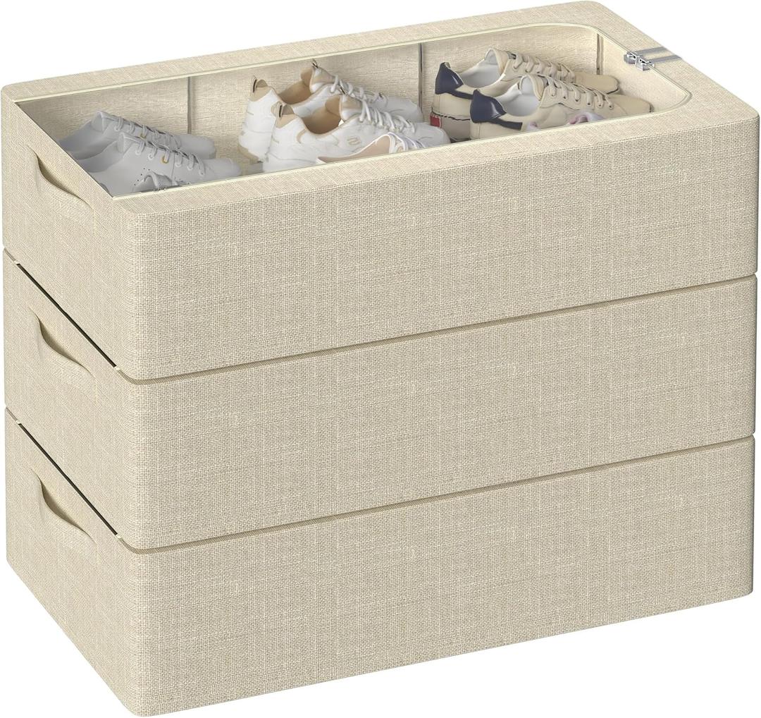 Under Bed Storage Bins with Metal Frame, Shoe Organizer for Closet with Large Clear Windw,Foldable Stackable Linen Fabric Clothes Organizer Bins (Beige, 23.6(L) x13(W) x6(H) inch)