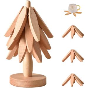 Wooden Trivets for Hot Dishes, Tree Trivet Set, Stackable Tree Coasters for Hot Dish, Pot, Bowl, Teapot, Includes 4 Trivets, 1 Stand, and 4 of Choice (Natural Wood)
