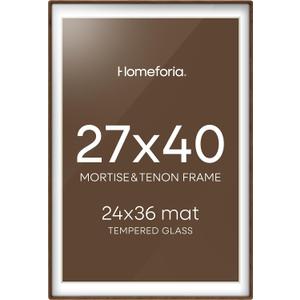 Homeforia 27x40 inch Poster Frame Brown, Mortise & Tenon Walnut 27 x 40 Wooden Picture Frames with Mat 24 x 36 for Wall, 40x27 Dark Wood Frame Matted to 24x36 Photo, Tempered Glass, Wall Kit, Set of 1