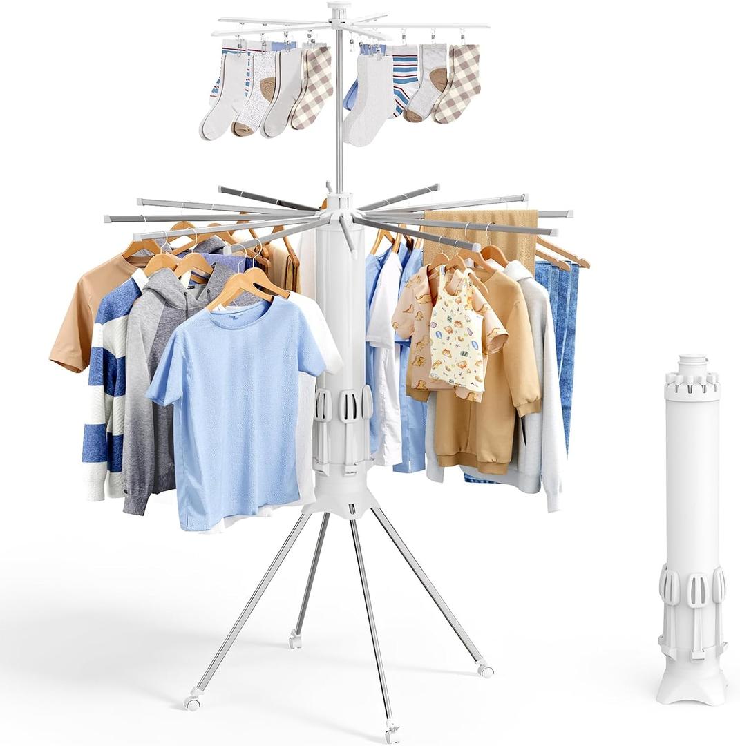 Sakugi Foldable Clothes Drying Rack – Collapsible Laundry Rack with 12 Steel Arms, 4-Leg Stable Base, Reinforced Frame with Clips & Shoe Holders for Indoor Outdoor Use, 44" D x 44" W x 71" H, White