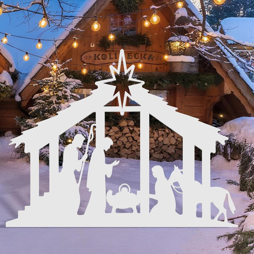 Cinnvoice 40" x 31" Large Christmas Metal Yard Stakes Christmas Garden Stakes Waterproof Xmas Outdoor Yard Decor with Stake for Xmas Holiday Lawns Outdoor Decor(Nativity,White)