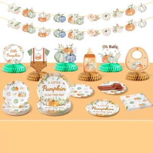 Haooryx Yellow Green Pumpkin Tableware - 105Pcs Fall A Little Pumpkin Baby Shower Decor Floral Disposable Tablecloth Plates Forks Napkins Banner Table Topper Baby Shower Birthday Autumn Party Supply