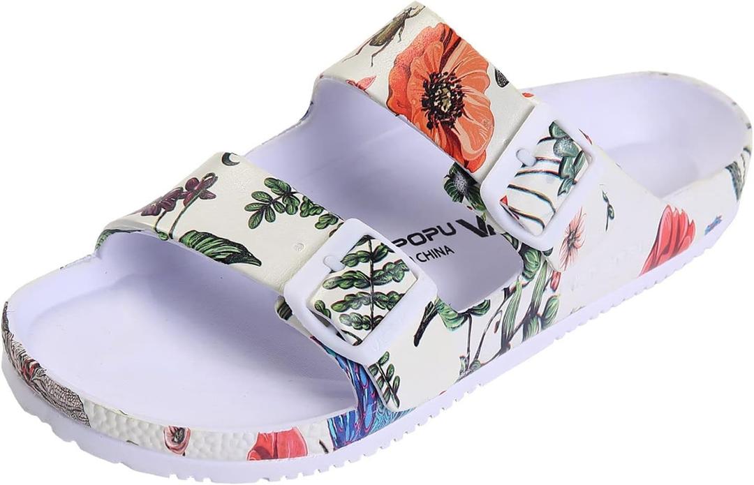 VICT POPU Womens Sandals Adjustable Double Buckle Strap Waterproof EVA Flat Slides (8, Dragonfly Beige)