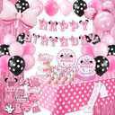 Pink Cartoon Mouse Birthday Decorations for Girls - 60Pcs Party Supplies Kit with 2 Foil Curtains, Large Bow Balloon, Tablecloth, 12 Plates and Cake Toppers for Polka Dot Theme Photo Prop