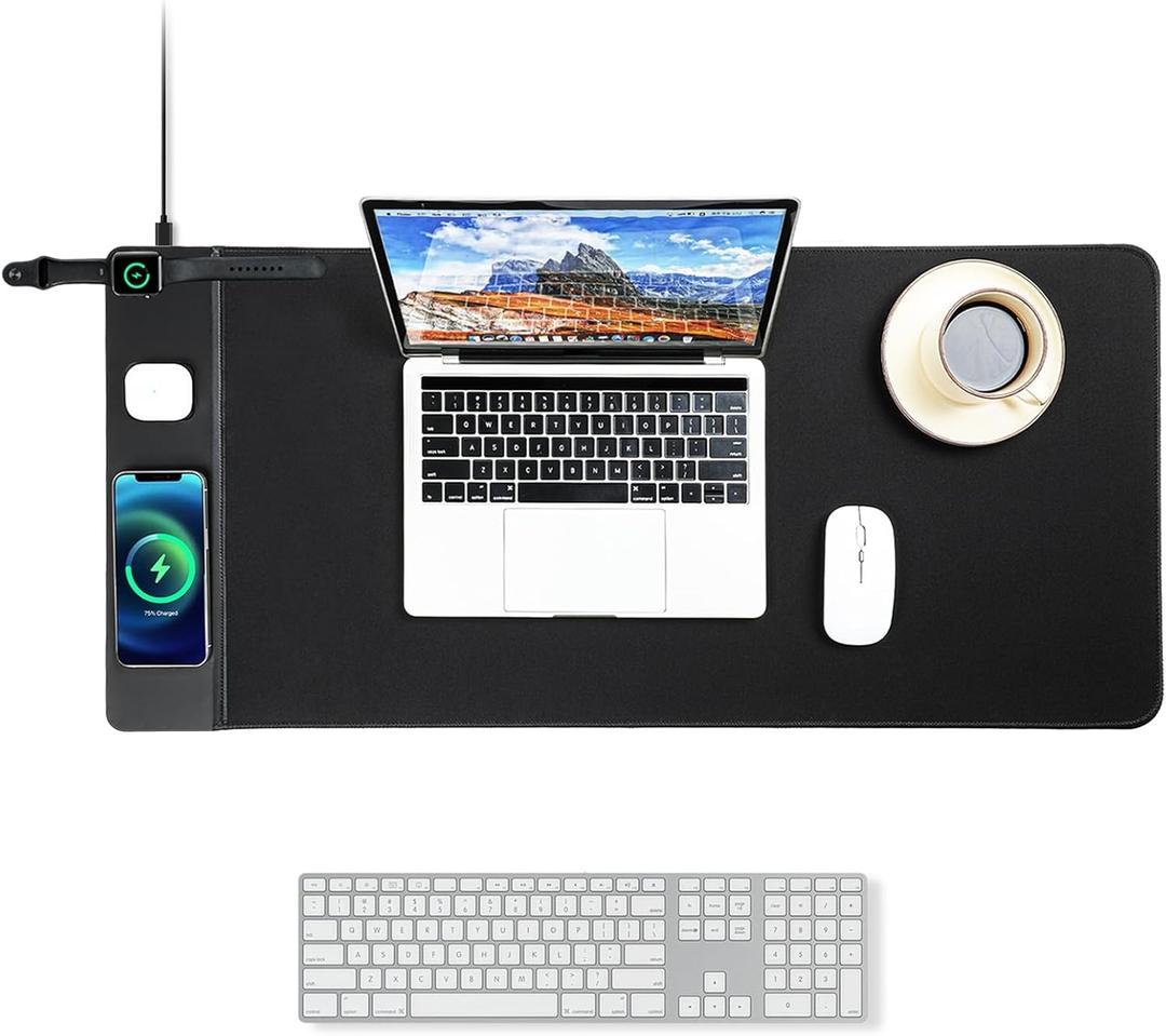 VOVIPO 3 in 1 Wireless Charging Mouse Pad, Gaming Mousepad with Wireless Charger Multiple Devices Compitable with Watch/iPhone/Airpods, Large Desk Mat 90 x 40cm,Desk Pad for MacBook, PC, Laptop-Black