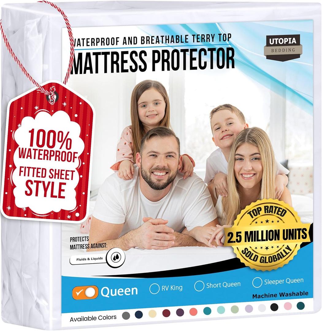 Queen Size Mattress Protector Waterproof, Premium 200 GSM Terry Mattress Cover, Soft & Breathable Bed Cover, Fitted Sheet Style Stretchable Deep Pockets 17" by Utopia Bedding (White)