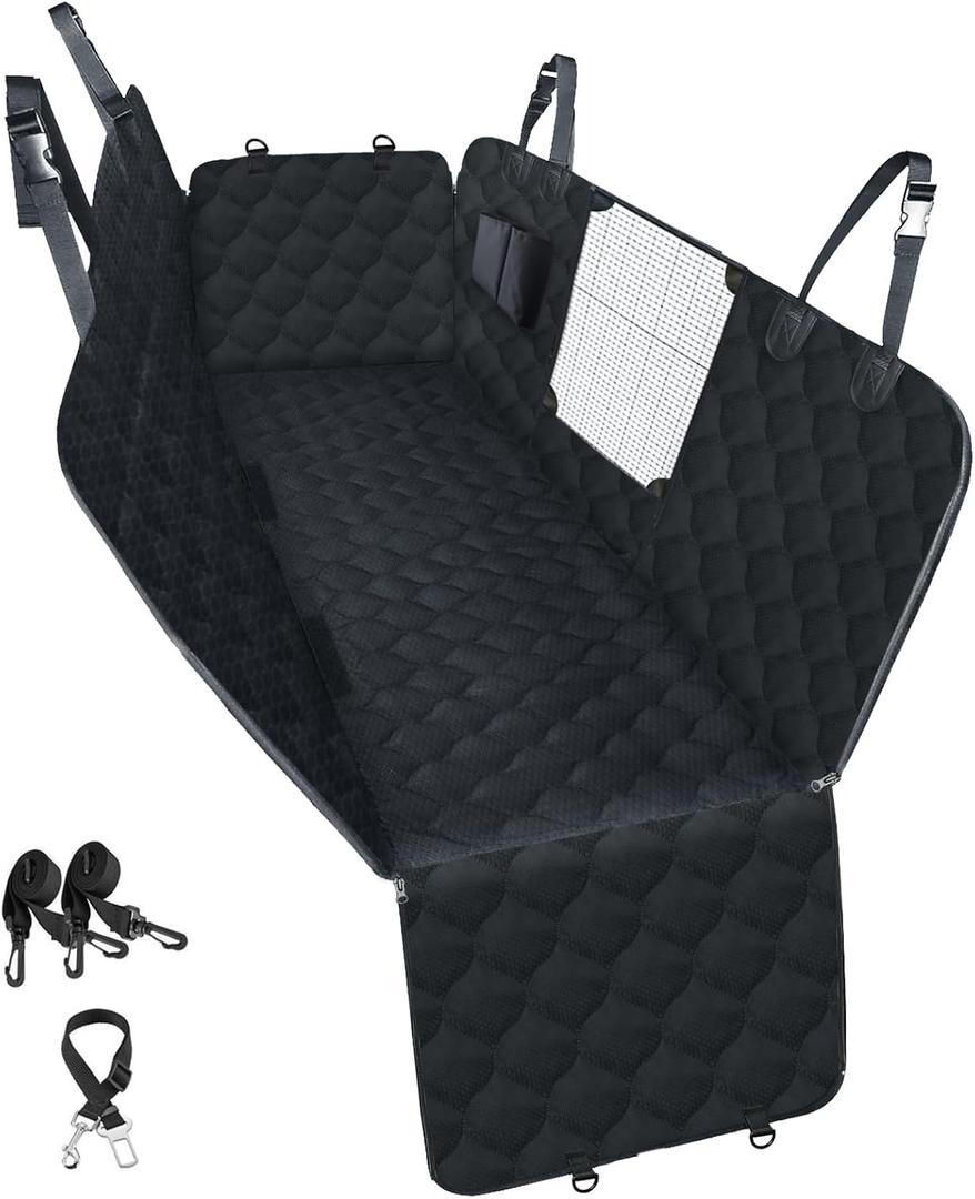 PETICON Dog Car Seat Cover with Mesh Window, 100% Waterproof Pet Seat Cover for Back Seat, Scratchproof Dog Hammock for Cars, Trucks, SUVs, Jeeps, Black