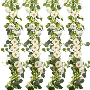 6Pcs 35Ft Eucalyptus Garland with White Rose Flowers, Faux Greenery Garland Vines, Artificial Flower Garlands for Wedding Table Backdrop Arch Wall Party Ceremony Decorations