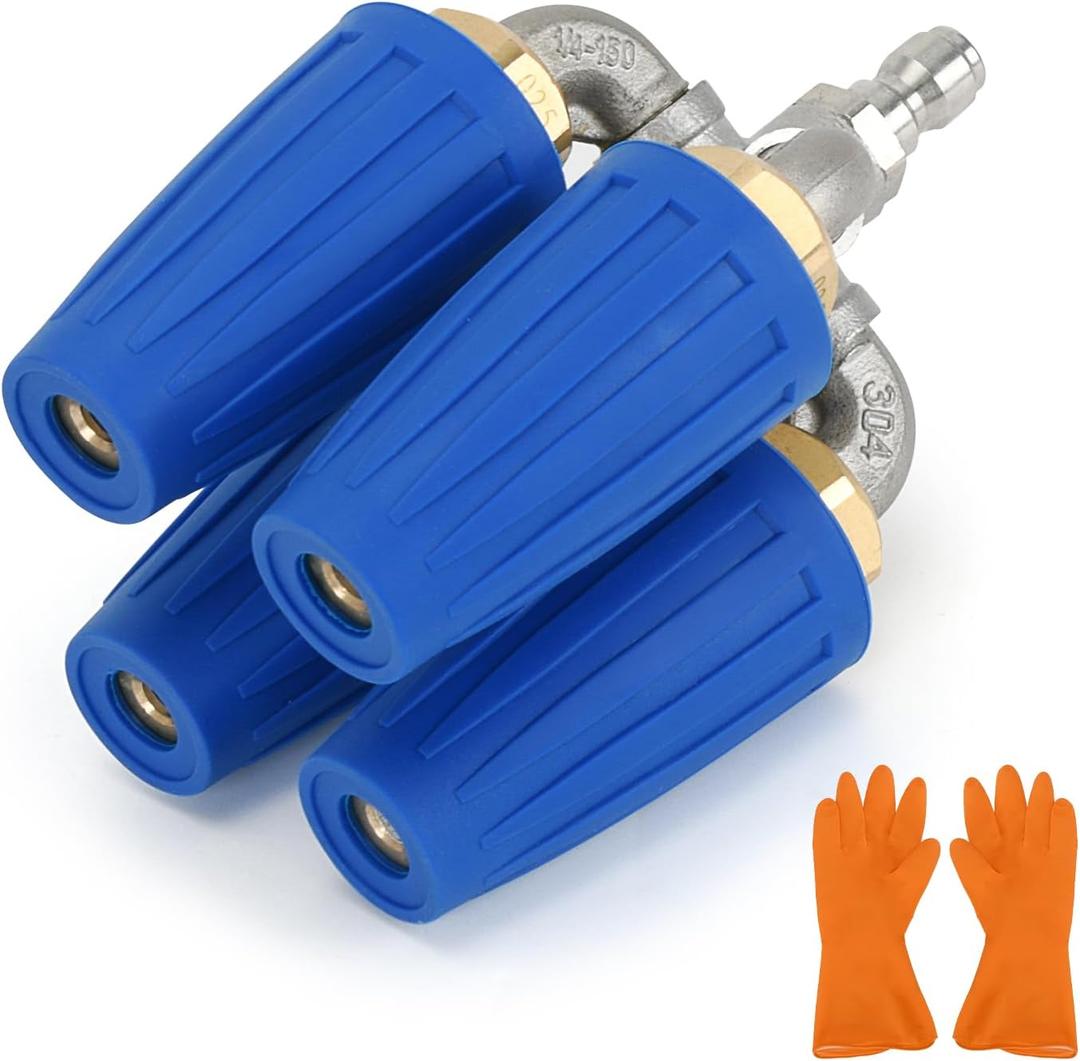 4-in-1 Turbo Nozzle Pressure Washer Tip with Gloves, 2.5 Orifice Quadruple Turbine Nozzle, 360 Rotating with 1/4" Quick Connector for Pressure Washer, 4000 PSI